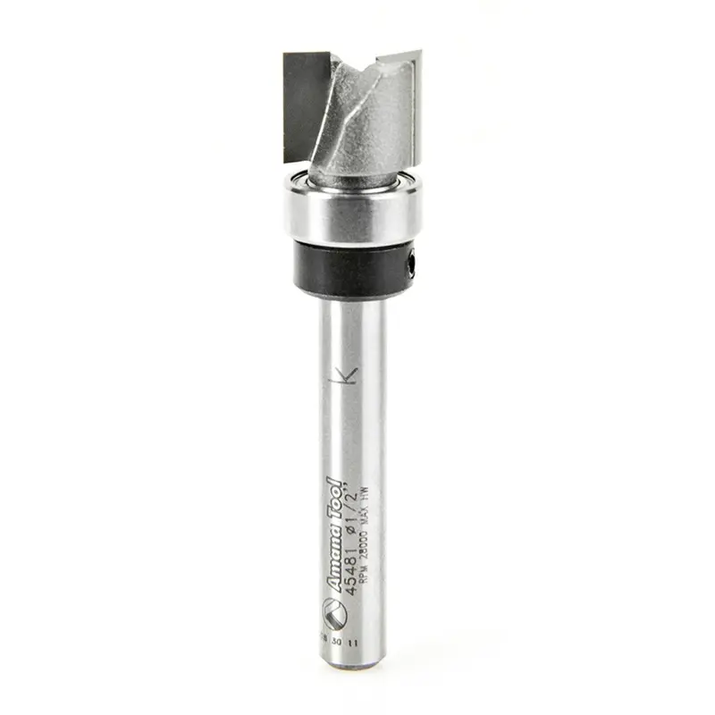 Amana Tool 45481 Carbide-Tipped Plunge Flush-Trim Router Bit – 1/2" Diameter, 3/8" Cut Height, 1/4" Shank + Upper Ball Bearing 1