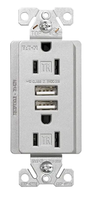 Arrow Hart Tr7755Sg-K-L Dual-Port Usb Combo Receptacle — 15A Outlet + 3.1A Charging, Silver Granite Finish 1