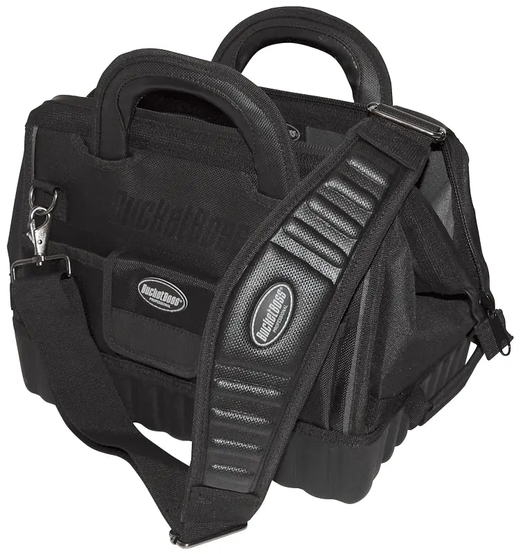 Bucket Boss Pro Gatemouth Tool Bag – 14" × 9.5" × 11", 12-Compartment Poly Fabric Design 1