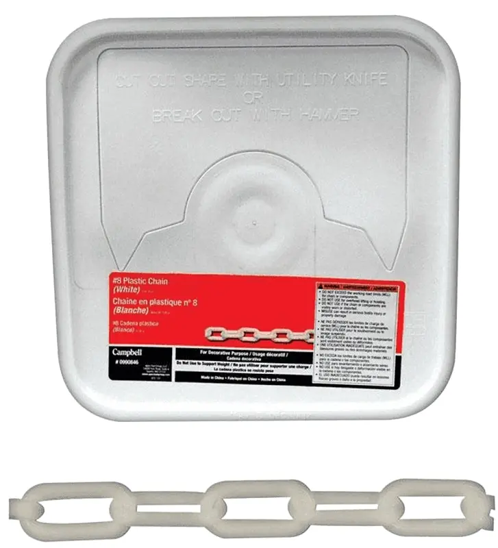 Campbell Decorator Chain – #8 Plastic Link, 0.4" Width, 138-Foot White Roll 1
