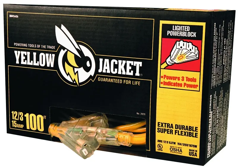 Cci 2820 Heavy-Duty Power Block Extension Cord – 100-Foot Yellow Sheathed, 3-Outlet, 15A/125V 1