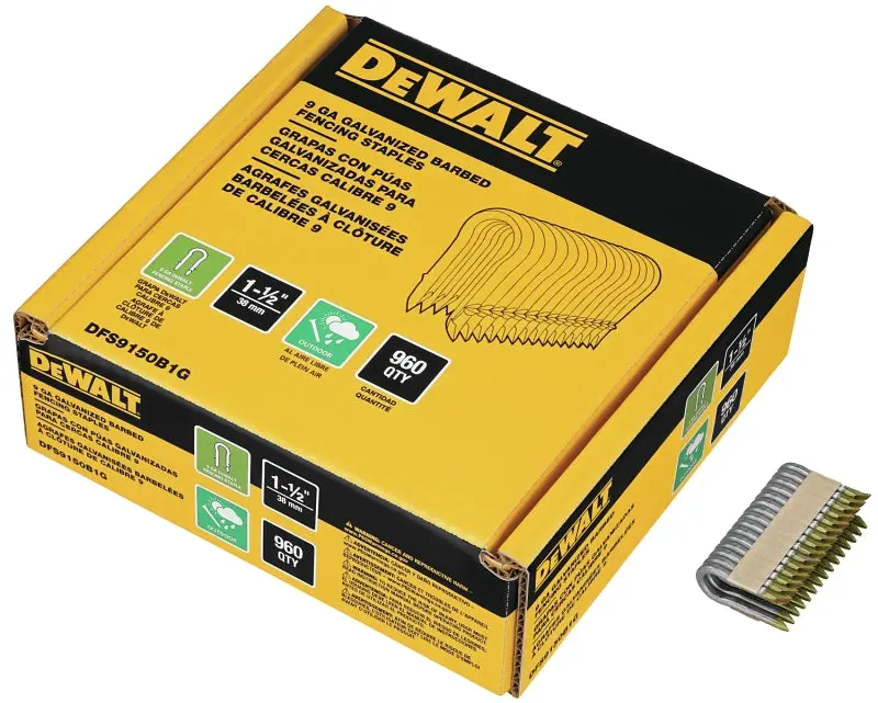 Dewalt 1.5" Barbed Fence Staples – 9-Gauge Galvanized Steel, Aluminum/Zinc Coated, 960-Pack 1