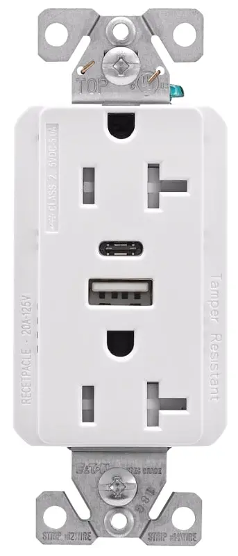 Eaton Cooper Trusbac20W-K-L Dual Usb Wall Receptacle – 2-Pole, 5A, 125Vac, Type A + C Ports, White Finish 1