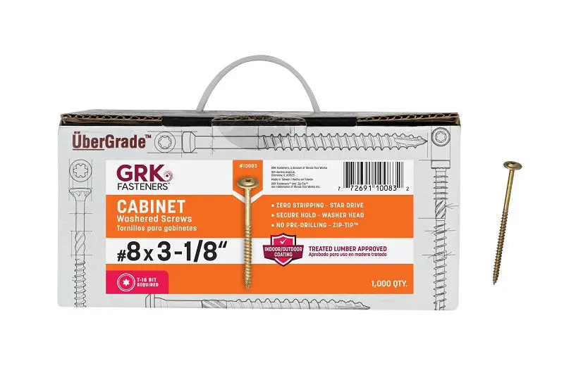 Grk Fasteners 10083 #8 X 3-1/8 In Star-Drive Cabinet Screws – Washer Head, Steel, 1000-Pack 1