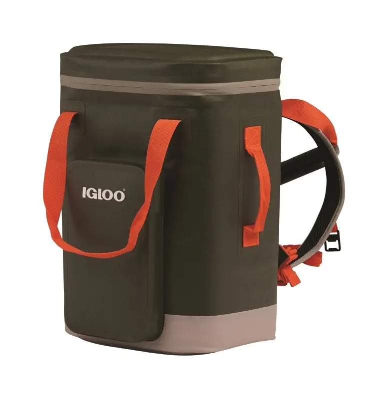 Igloo Trailmate 32-Can Backpack Cooler — Lightweight Eva/Polyester Design, Deep Oil Green/Safety Orange/Sandstone 1