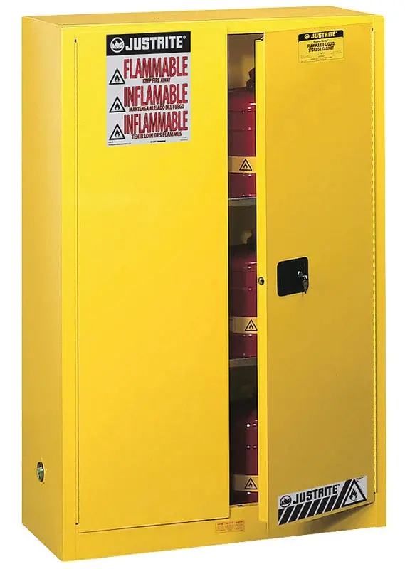 Justrite 45-Gallon Yellow Safety Cabinet – Manual Door, Two-Shelf Design, Steel Construction 1
