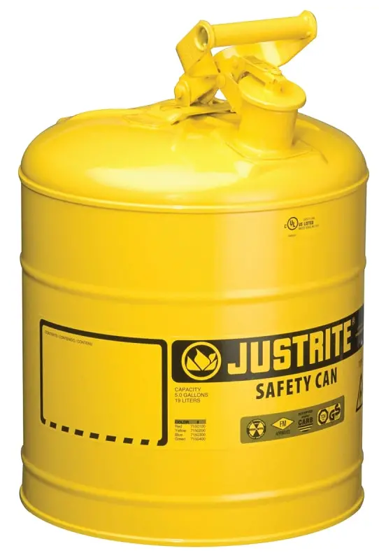 Justrite 7150200 5-Gallon Safety Can – Yellow Steel Osha-Compliant Fuel Container 1