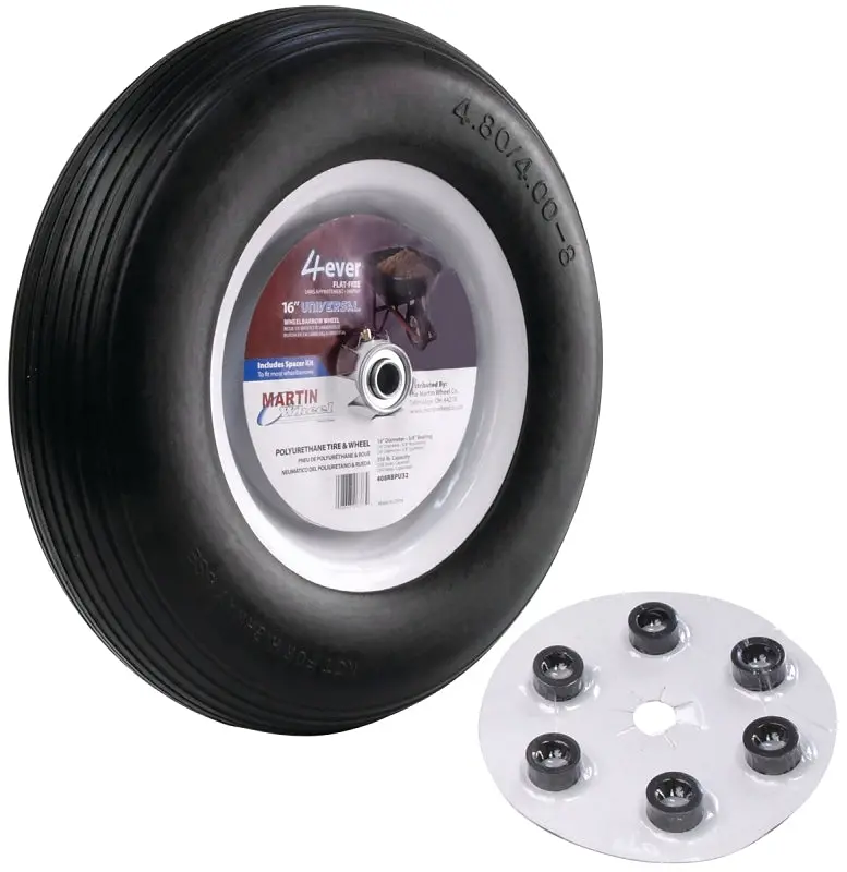 Martin 408Rbpu32 Flat-Free Wheelbarrow Wheel – 16" Diameter, 4.8" × 4.8" Ribbed Tire, Universal Hub 1