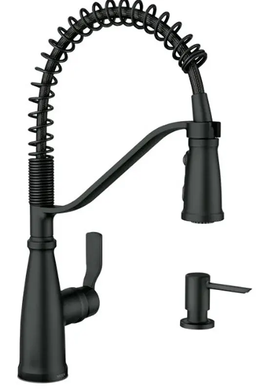 Moen Nolia Matte Black Kitchen Faucet – Single-Handle, 3-Hole Mount, 1.5 Gpm, 4-Spray Function 1
