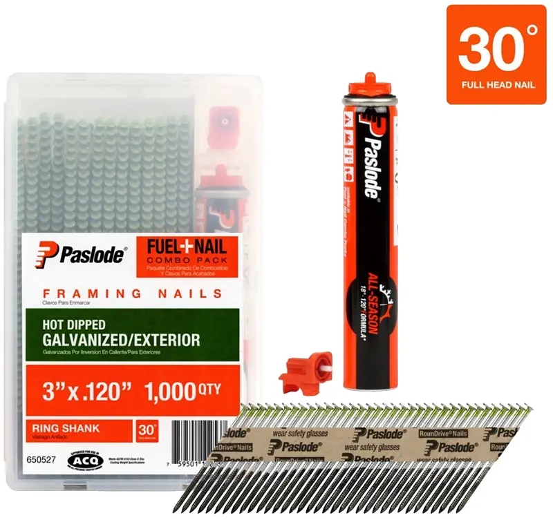 Paslode 650527 Framing Nail And Fuel Combo Pack – 3-Inch Hot-Dip Galvanized Ring Shank Nails, Low-Carbon Steel 1