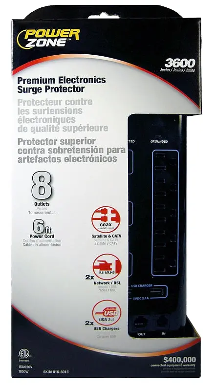 Powerzone Or503118 Surge Protector Power Strip – 8 Outlets, 3600-Joule Protection, 15A, Black 1