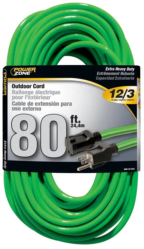 Powerzone Orn512833 Heavy-Duty Extension Cord – 12 Awg, 80-Foot Length, 15-Amp, 125V, Neon Green Jacket For Visibility 1