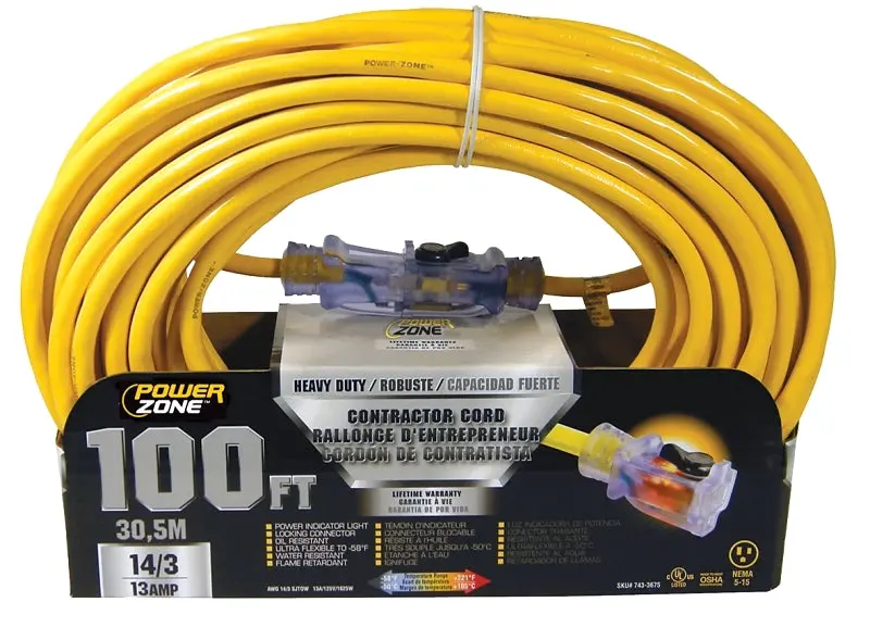 Powerzone Orp511735 Heavy-Duty Extension Cord – 14 Awg, 100-Foot Yellow Contractor Grade 1