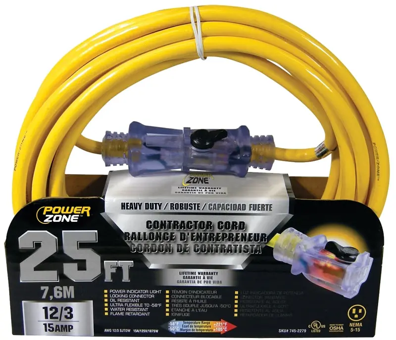 Powerzone Orp511825 Contractor-Grade Extension Cord – 12 Awg, 25 Ft, Yellow Jacket 1