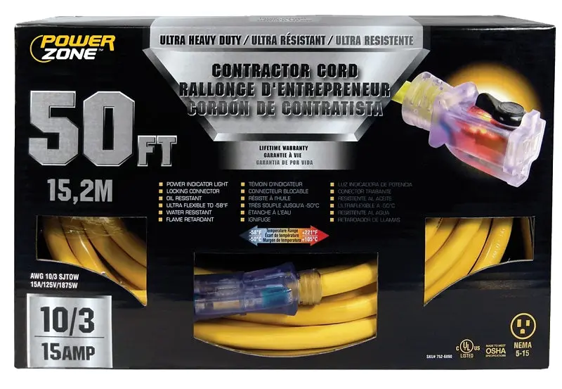 Powerzone Orp511930 50-Foot 10 Awg Yellow Contractor Extension Cord – 15A, 125V 1