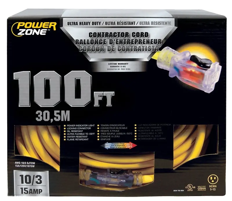 Powerzone Orp511935 Heavy-Duty Contractor Extension Cord – 10 Awg, 100 Ft, 15A, Yellow Jacket 1