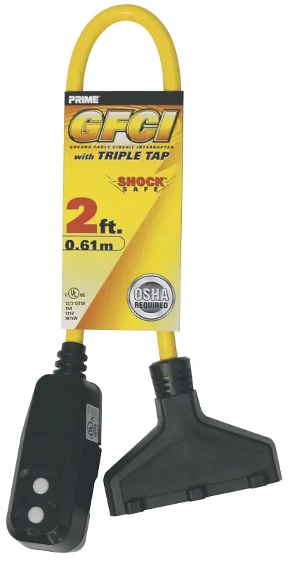 Prime Gf420802 Triple-Outlet Tap Adapter – 2-Foot Yellow Extension Cable, 15A/125V, Male-To-Female Configuration 1