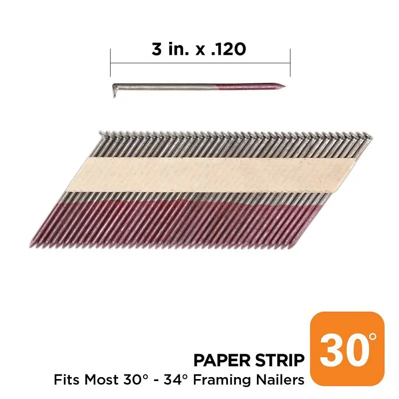 Pro-Fit 0600271 Framing Nails – 3 In × 0.12 In, 30° Angle, Bright Finish, Paper-Tape Collated (2500/Box) 1