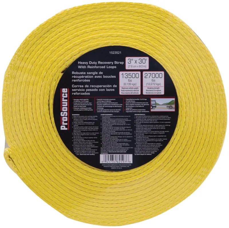 Prosource Fh64064 Heavy-Duty Recovery Strap – 30-Foot Polyester Tow Strap, 27,000-Lb Break Strength, Yellow 1