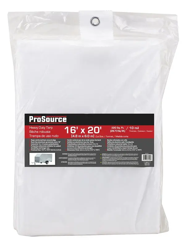 Prosource Tw1620 Heavy-Duty White Polyethylene Tarp – 20 Ft × 16 Ft, 10-Mil Reinforced Construction 1