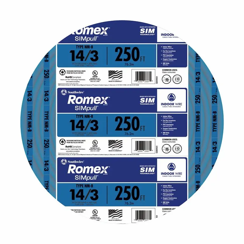 Romex 14/3 Nm-Wg Building Wire – 250-Foot Spool, 14 Awg Copper Conductors With Pvc/Nylon Jacket 1