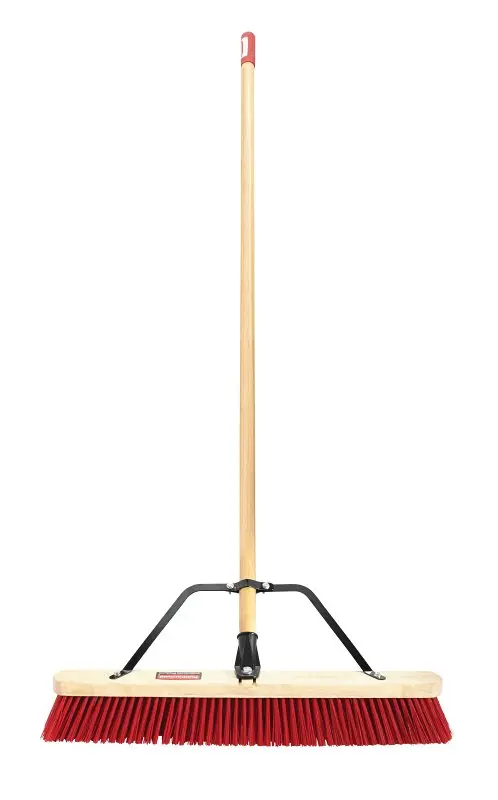 Rubbermaid Medium Push Broom – Red Poly Fiber Bristles, Wood Handle, Floor Sweeping Tool 1