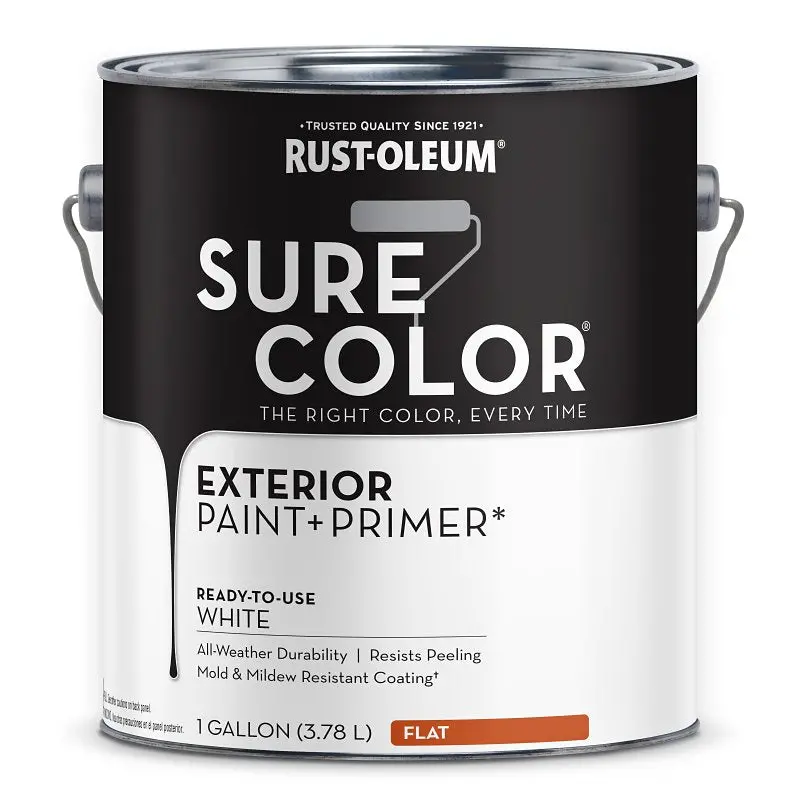 Rust-Oleum Sure Color 394670 Exterior Flat White Paint & Primer – 1-Gallon, Water-Based, 400 Sq Ft Coverage 1