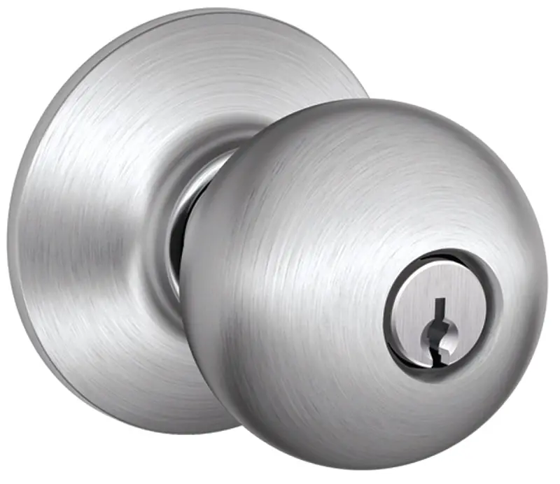 Schlage F-Series Entry Door Knob – Orbit Design In Satin Chrome With C-Keyway Security 1
