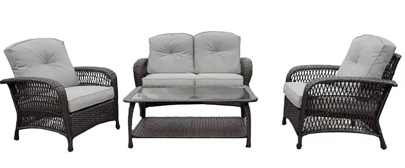 Seasonal Trends 171101 Bellevue Outdoor Seating Set — 4-Piece Gray Collection Featuring Wicker, Steel Frame, Olefin Cushions, And Tempered Glass Table 1