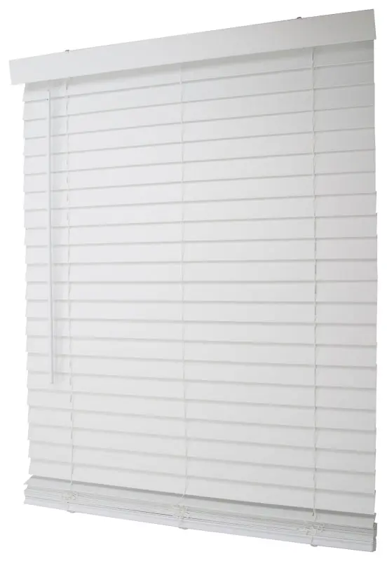 Simple Spaces Faux Wood Blind – 64" L × 35" W, White Vinyl Roller Shade With Tilt Function 1