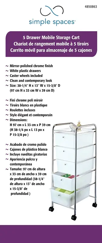 Simple Spaces G005-Ch Five-Shelf Rolling Storage Cart – 13” W × 38.25” H × 15.375” L, White Powder-Coated Steel 1