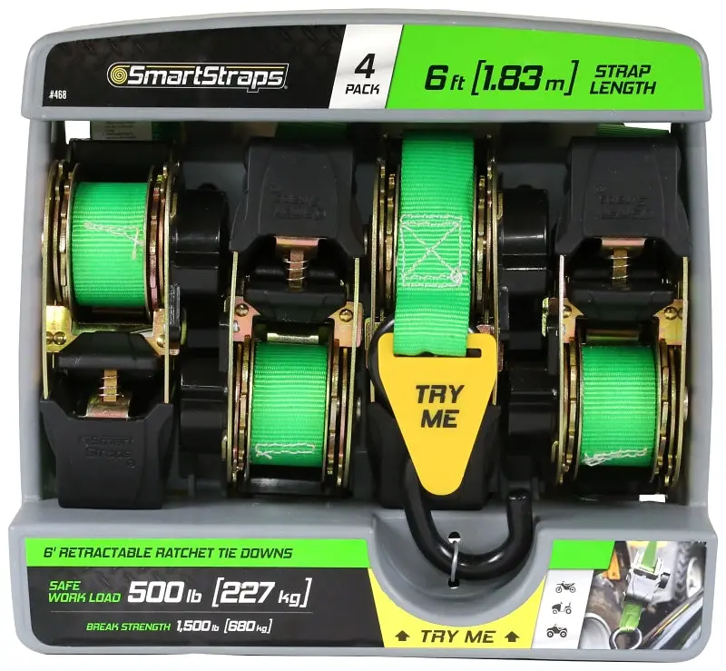 Smartstrap 468 Adjustable Tie-Down Strap – 1-Inch × 6-Foot, 500-Pound Capacity, Green Polyester With S-Hooks 1