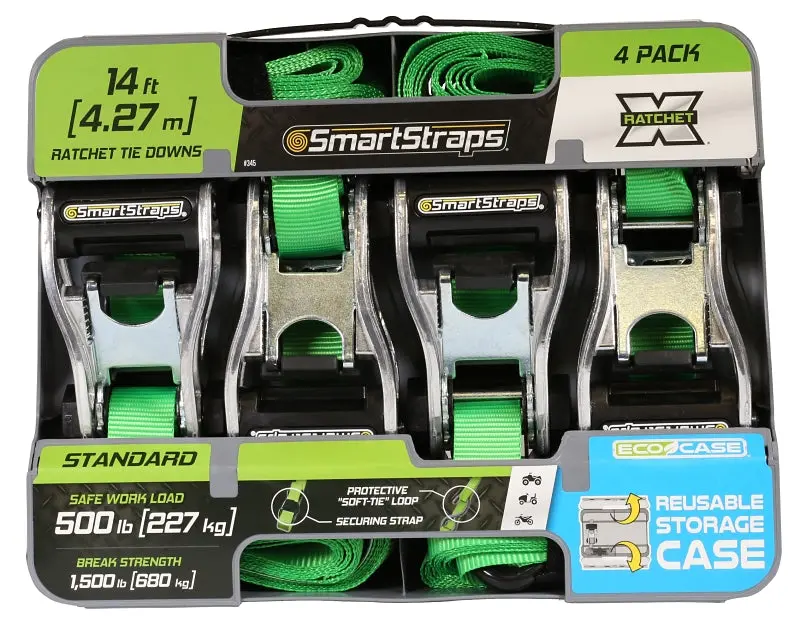 Smartstrap Heavy-Duty Tie-Down Strap – 1" × 14', 500 Lb Capacity, Green Polyester With S-Hook & Steel Fittings 1