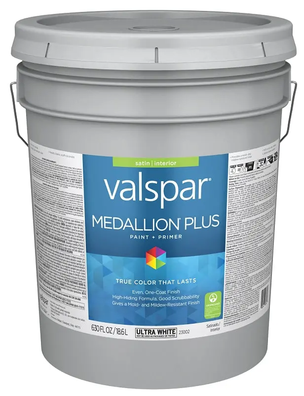 Valspar Medallion Plus 2300 Latex Paint – Ultra White Satin Finish, 5 Gallon Acrylic Formula, Interior/Exterior Use 1
