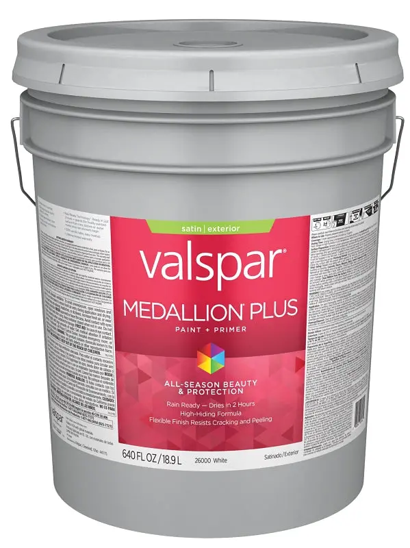 Valspar Medallion Plus 2600 Satin Acrylic Latex Paint – White Base, 5-Gallon Pail, Interior/Exterior Durability 1