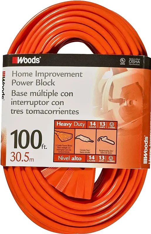 Woods 0827 Heavy-Duty Extension Cord – 14 Awg, 100-Foot Orange Cable, 13-Amp Rating, 125V Outdoor Use 1